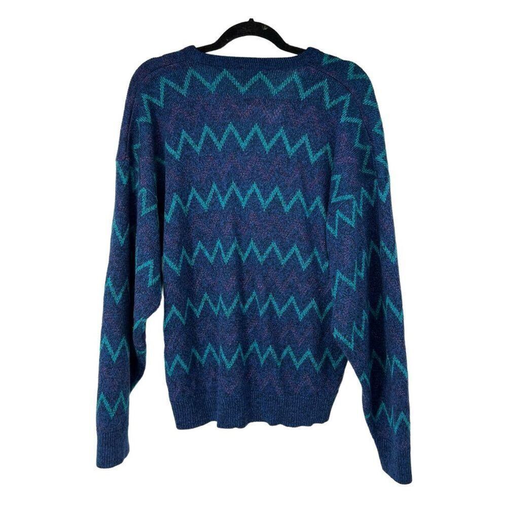 Vintage Jantzen Blue Turquoise Zigzag V Neck Grandpa Sweater Sz L - Picture 6 of 6